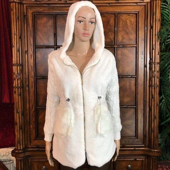 NWOT First Snow Mixed Faux Fur Cable Knit Sleeve Hooded Cardigan Coat - Picture 1 of 16